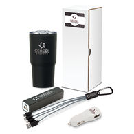 Rep-On-The-Go Gift Set Includes Power Bank, Car Charger, Charging Cables and Travel Tumbler in a White Box w Custom Label